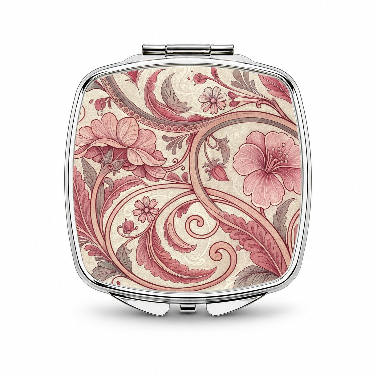 Art Nouveau Pattern Pink Leaf Flowers Small Travel Purse Handbag Pocket Makeup Compact Mirror