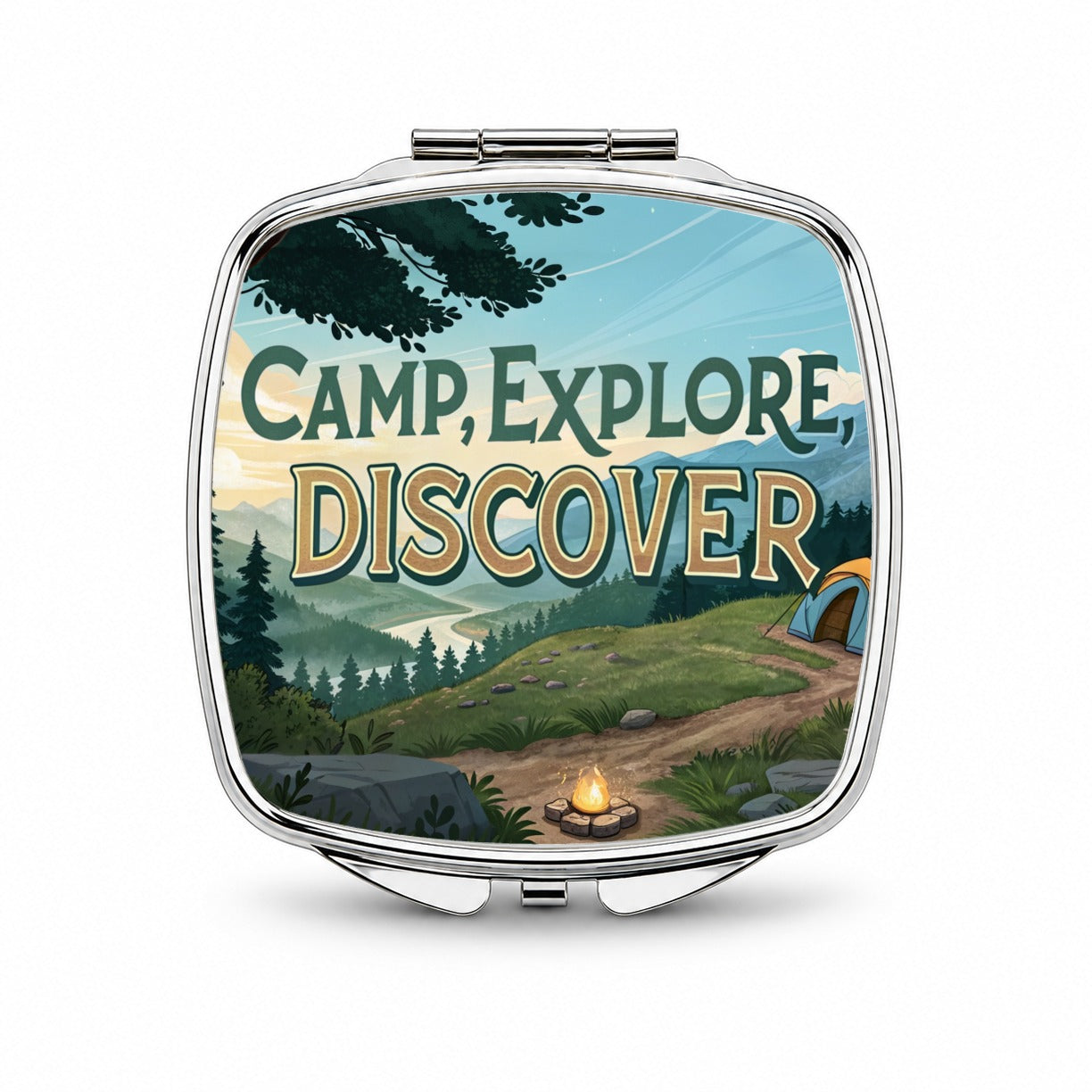 Camp Explore Discover Hiking Camping Small Travel Purse Handbag Pocket Makeup Compact Mirror