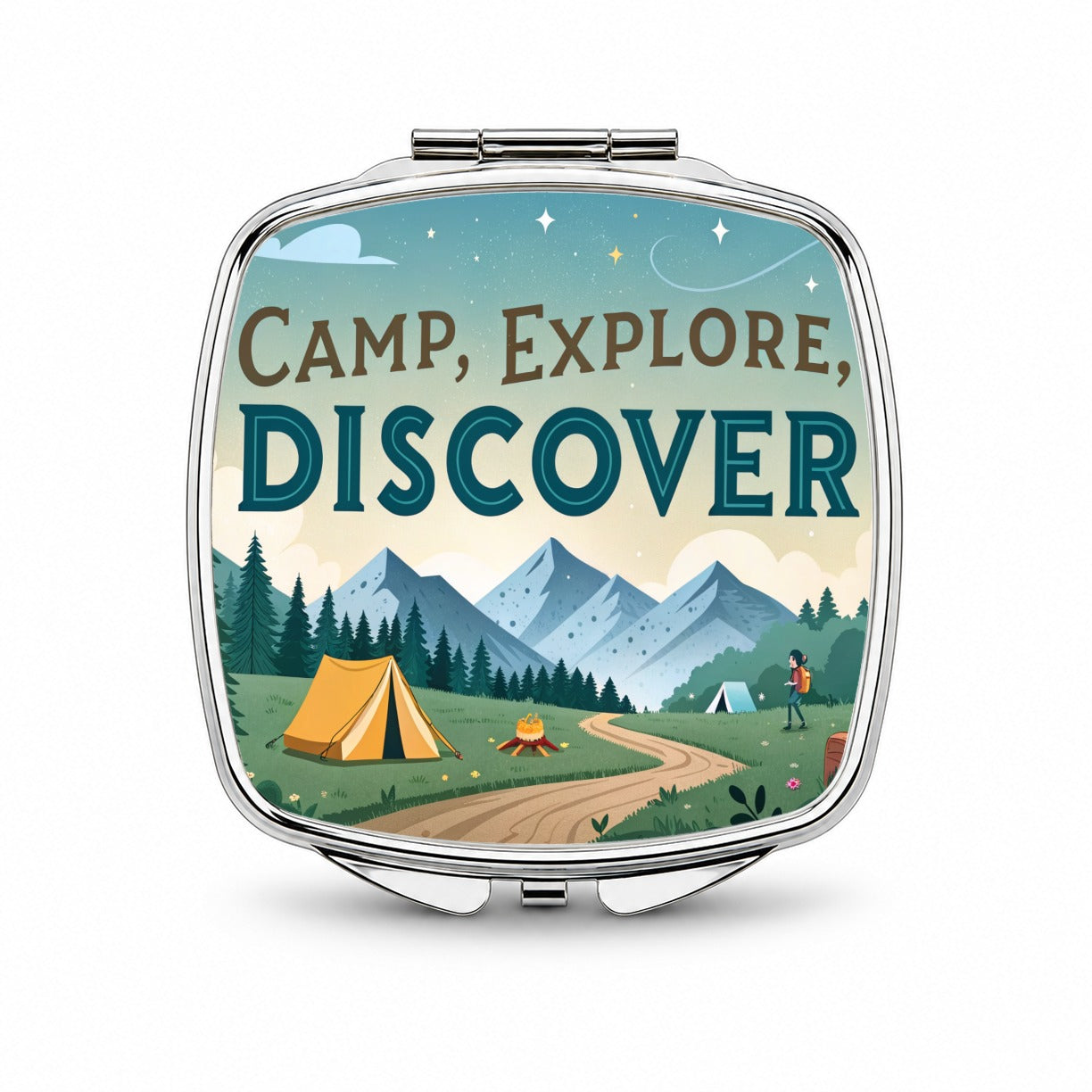 Camp Explore Discover Text Camping And Hiking Small Travel Purse Handbag Pocket Makeup Compact Mirror