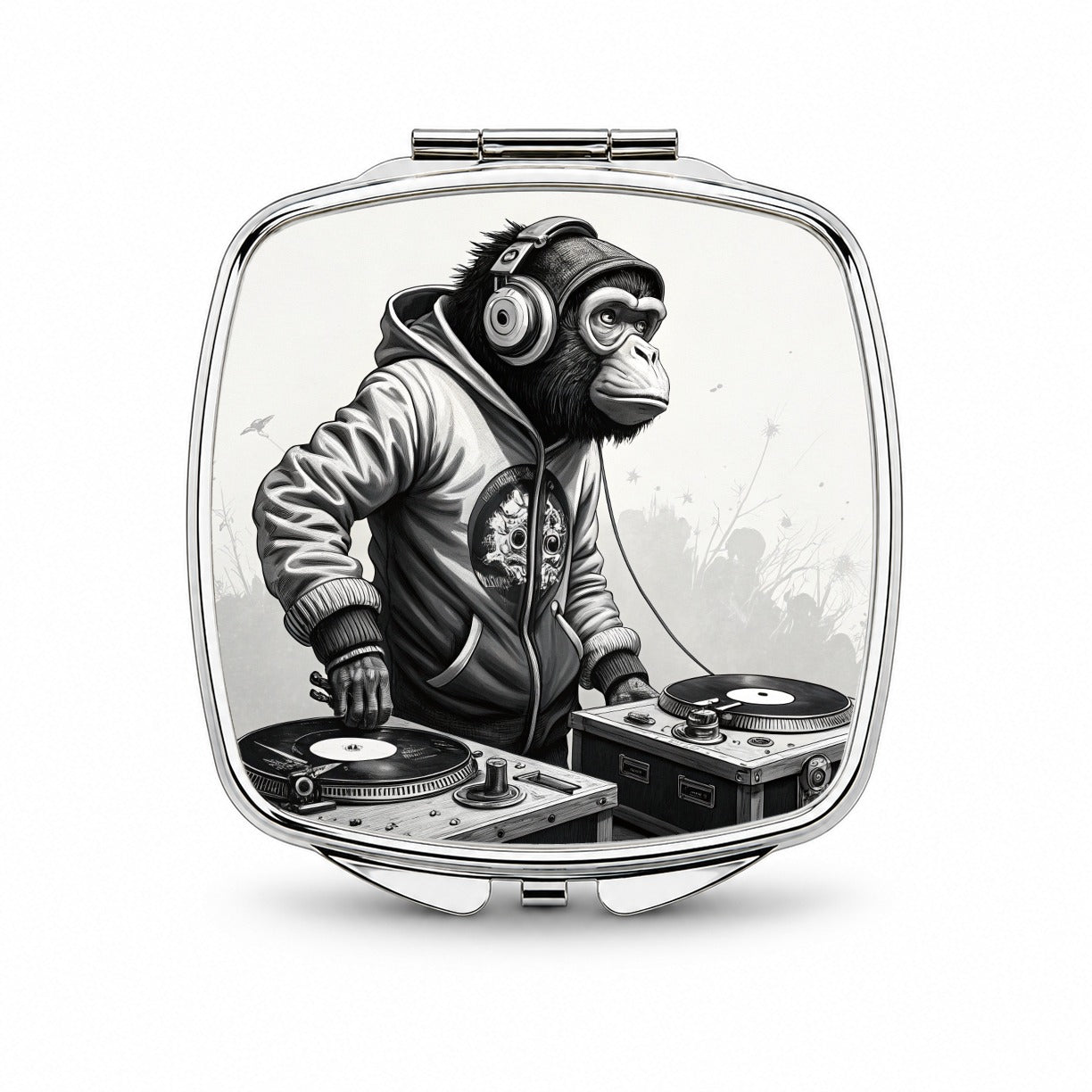 DJ Monkey with Headphones B&W Small Travel Purse Handbag Pocket Makeup Compact Mirror