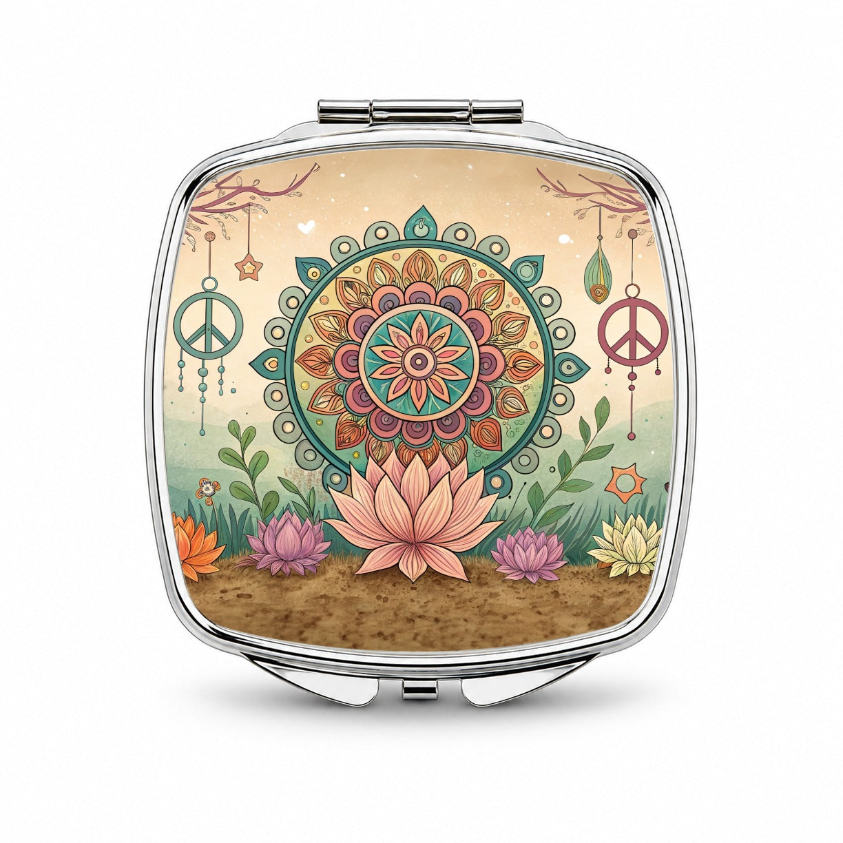 Hippie Yoga Peace Mandala Flower Small Travel Purse Handbag Pocket Makeup Compact Mirror
