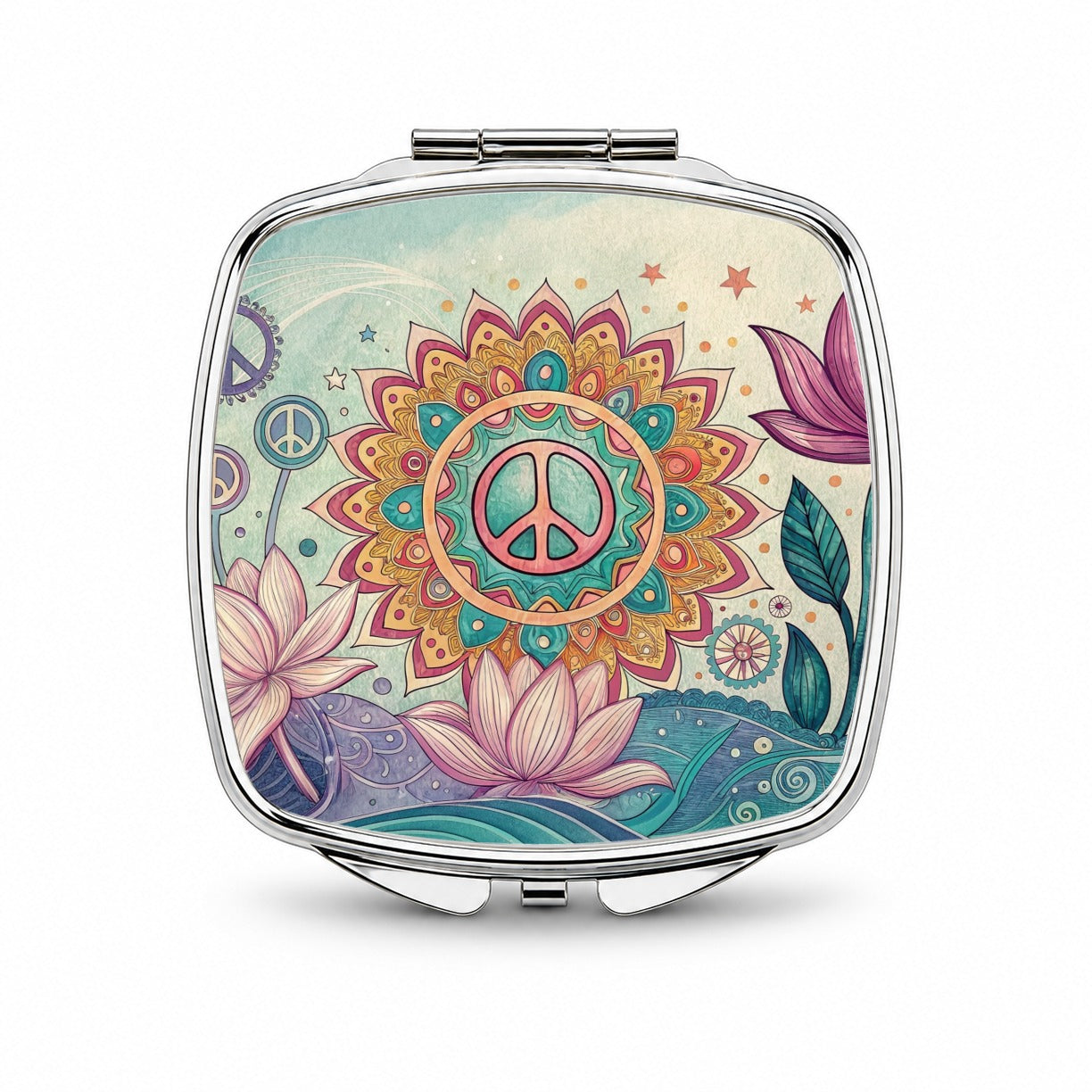 Peace Sign Symbols Mandala Flower Small Travel Purse Handbag Pocket Makeup Compact Mirror