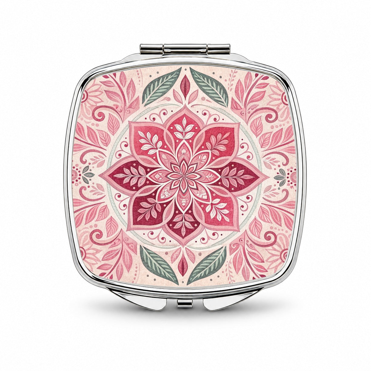 Pink Symmetrical Artistic Floral Pattern Small Travel Purse Handbag Pocket Makeup Compact Mirror