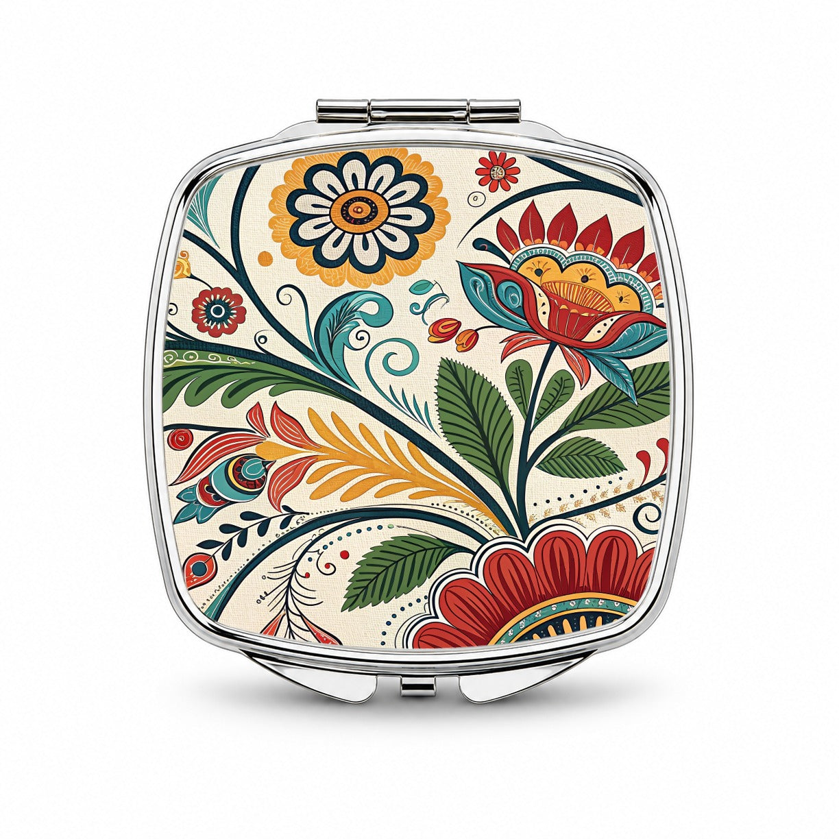 Traditional Folk Art Flowers Leaves Pattern Small Travel Purse Handbag Pocket Makeup Compact Mirror