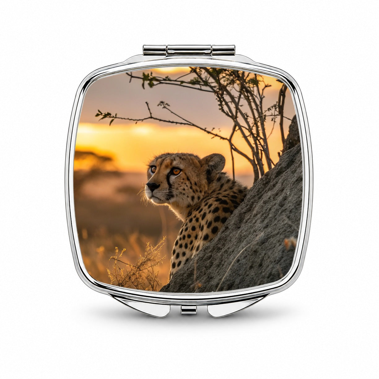African Cheetah Safari Sunset Small Travel Purse Handbag Pocket Makeup Compact Mirror