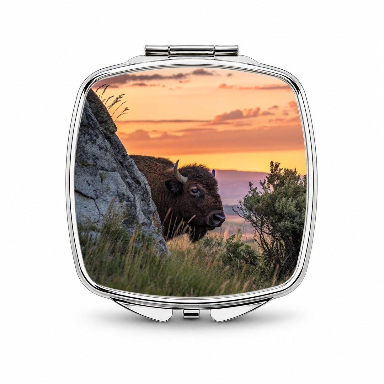 Bison Wildlife At Sunset Small Travel Purse Handbag Pocket Makeup Compact Mirror