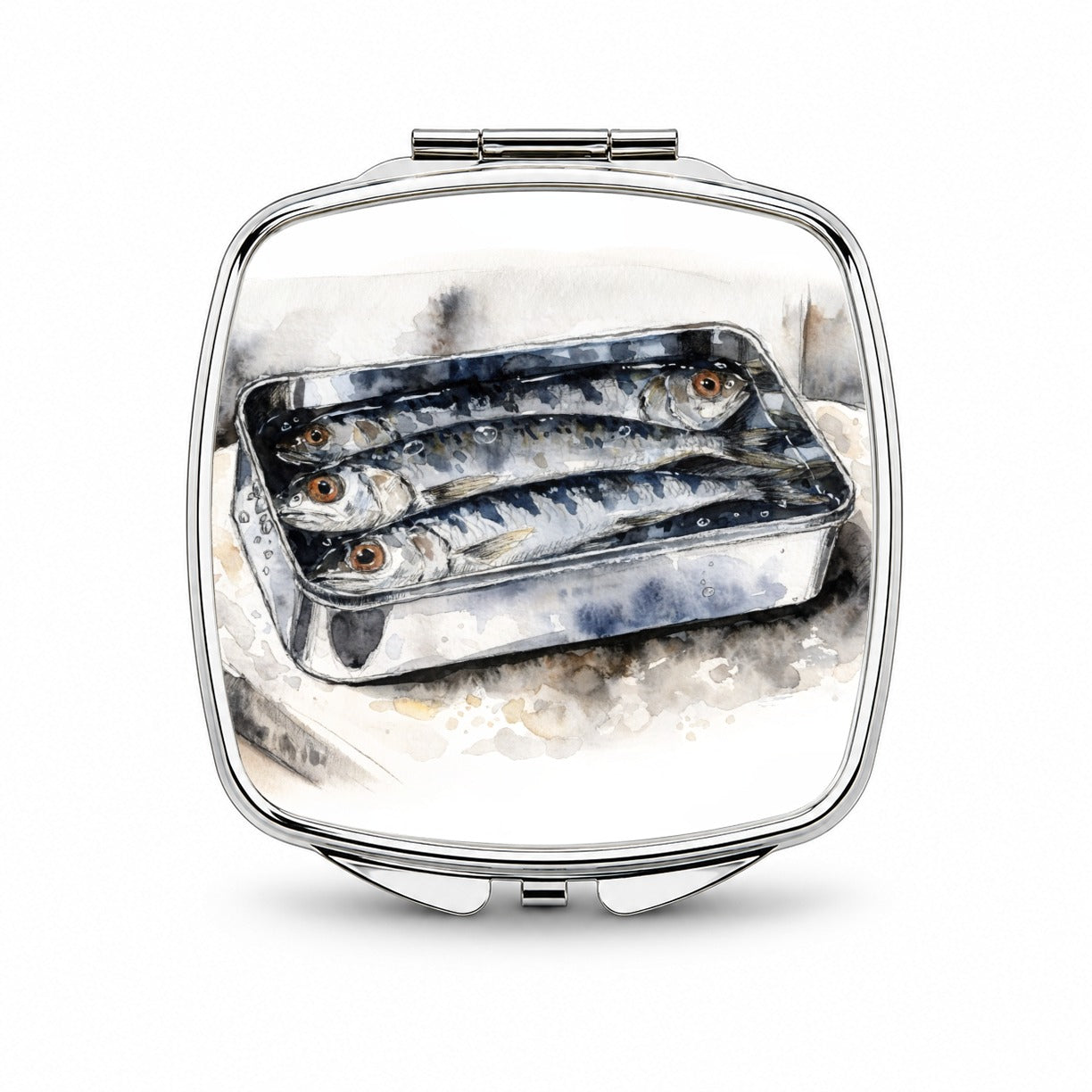 Sardines Fish In Tin Watercolor Small Travel Purse Handbag Pocket Makeup Compact Mirror