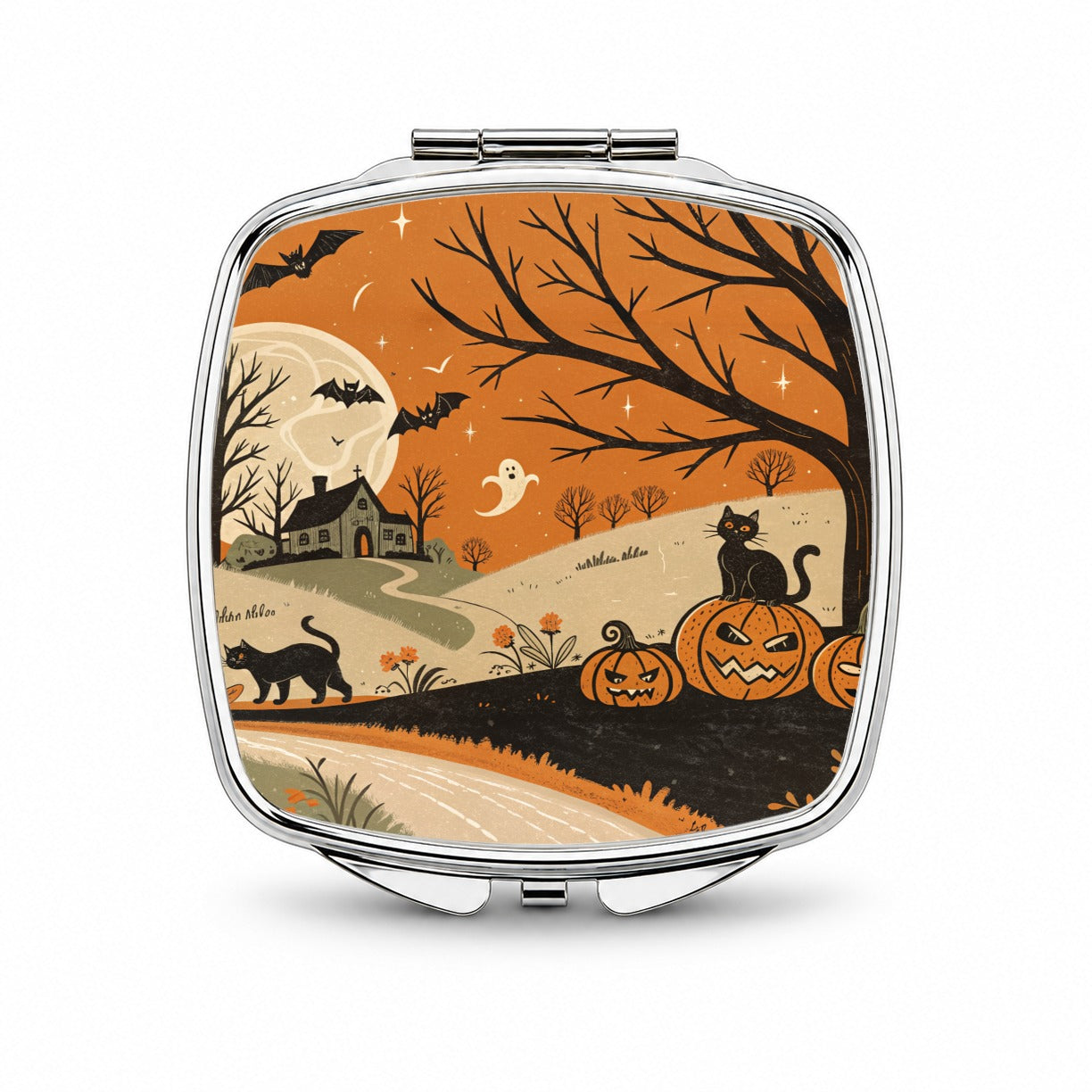 Vintage Halloween Black Cats Small Travel Purse Handbag Pocket Makeup Compact Mirror