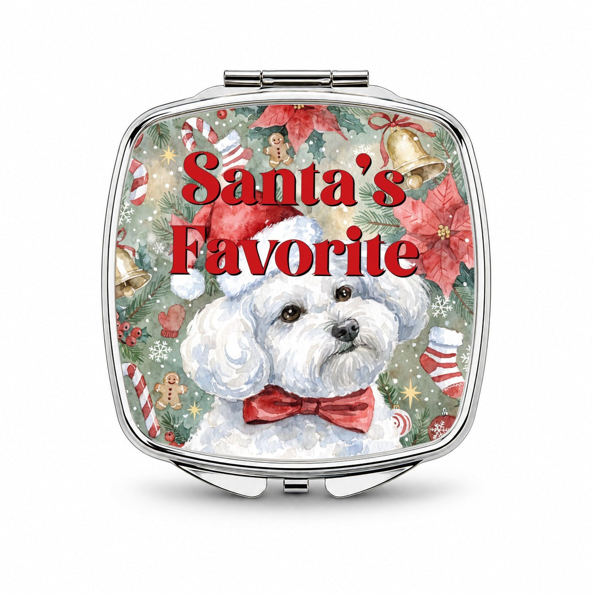 Bichon Frise Dog Christmas Santa's Favorite Small Travel Purse Handbag Pocket Makeup Compact Mirror