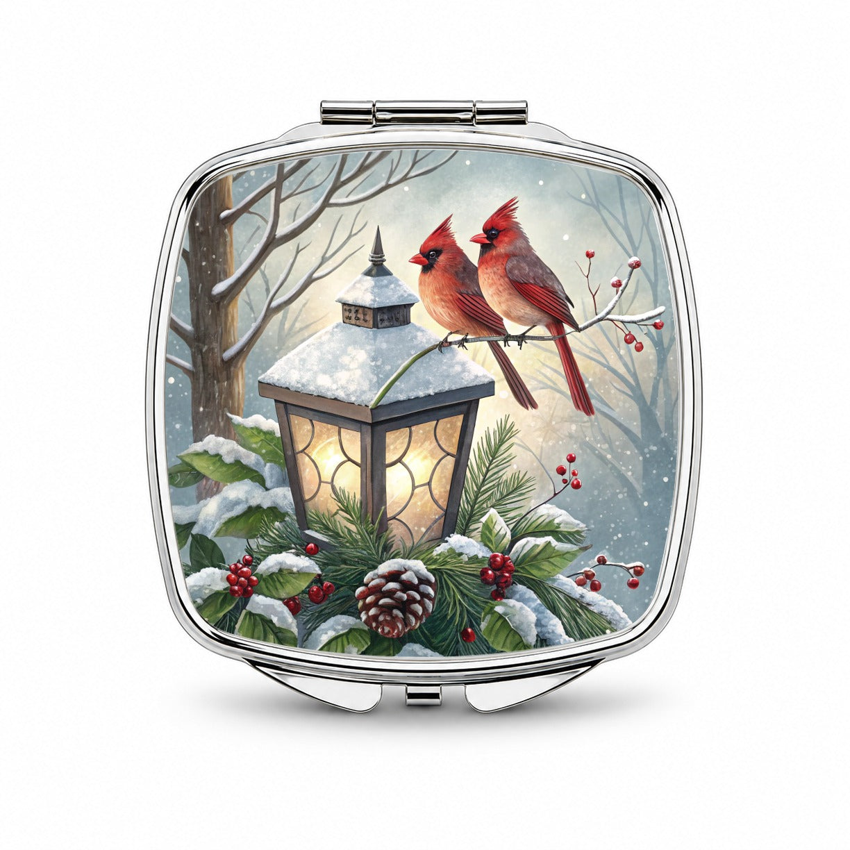 Cardinal Birds Lantern Christmas Small Travel Purse Handbag Pocket Makeup Compact Mirror