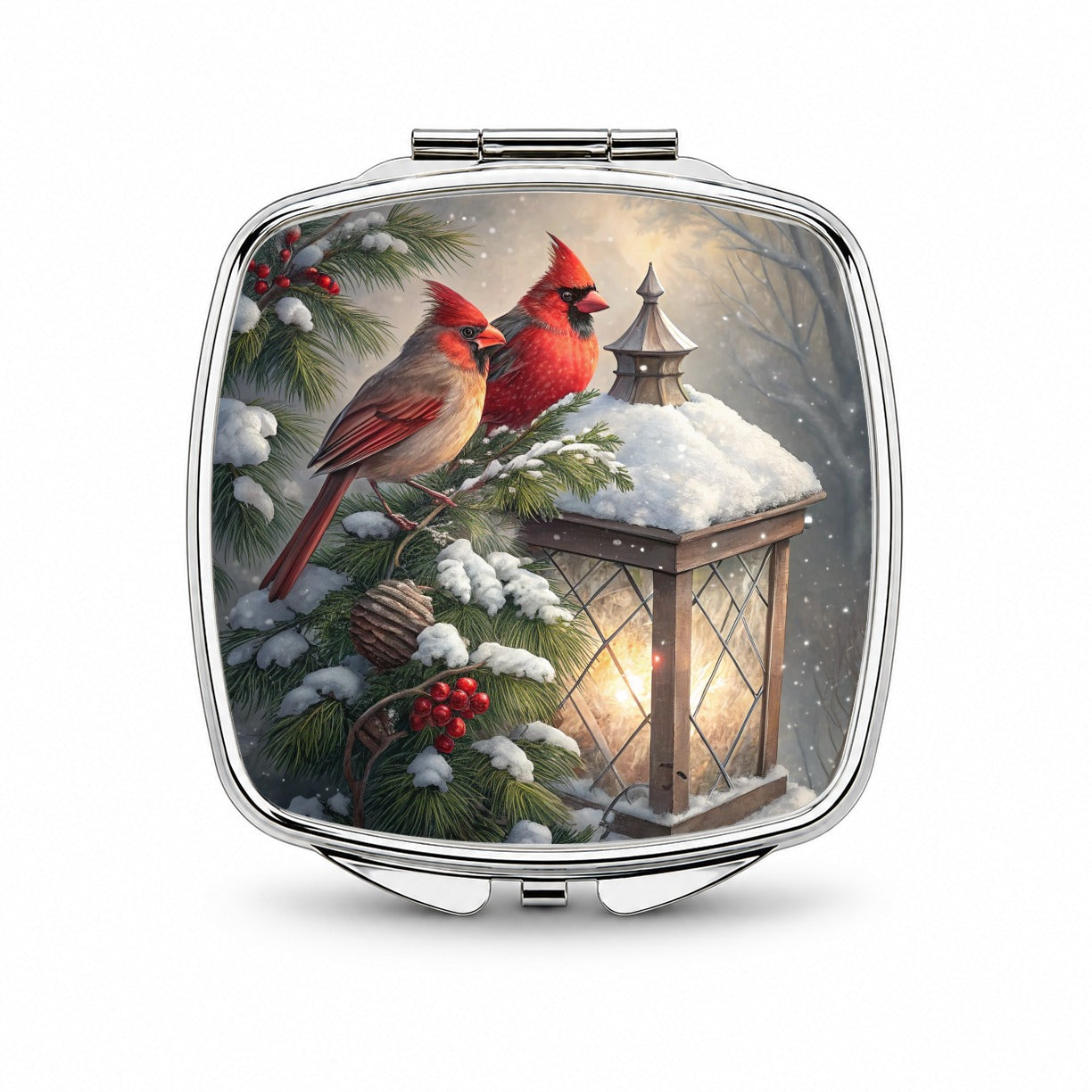 Cardinal Birds Snow Lantern Christmas Small Travel Purse Handbag Pocket Makeup Compact Mirror