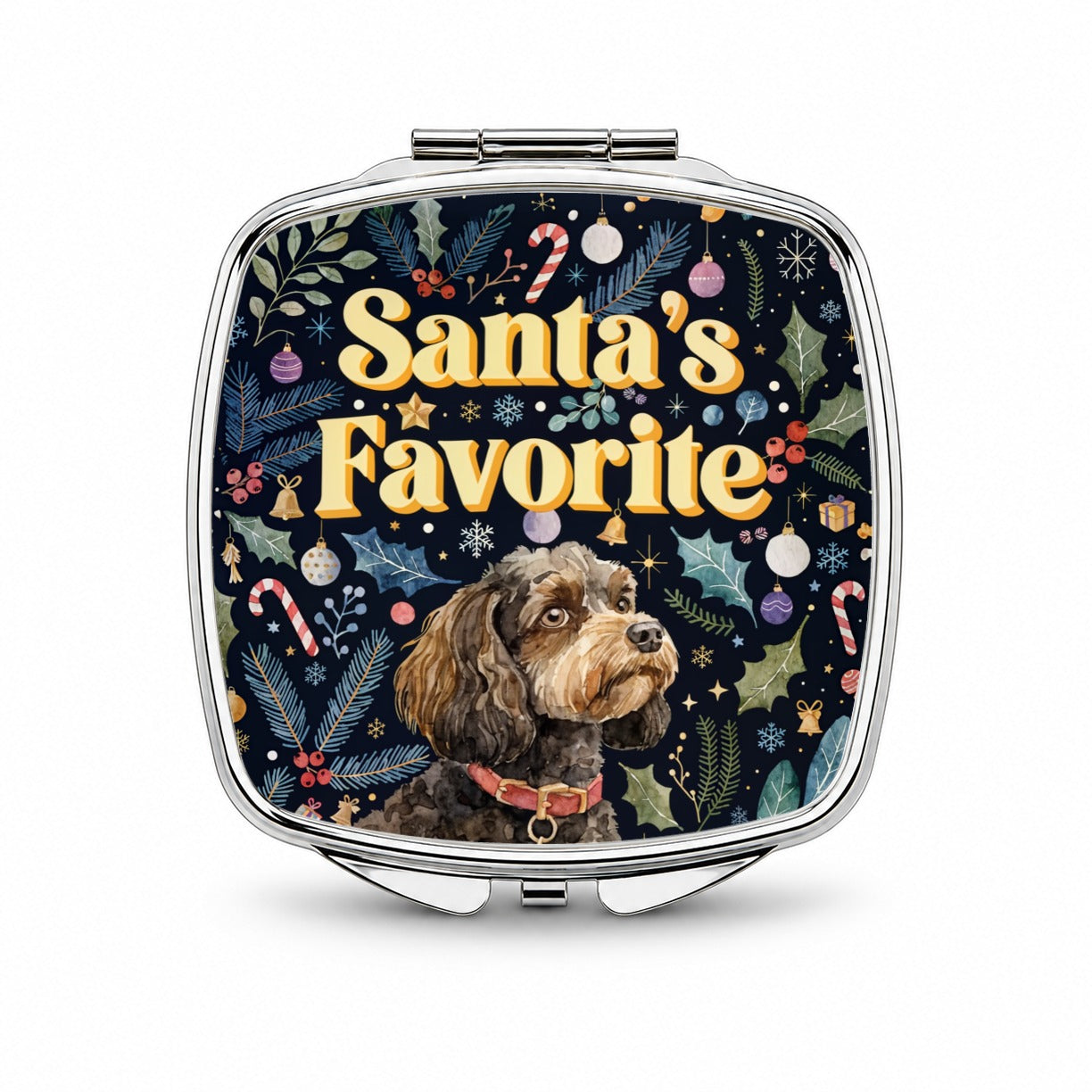 Cavapoo Dog Christmas Santa's Favorite Small Travel Purse Handbag Pocket Makeup Compact Mirror
