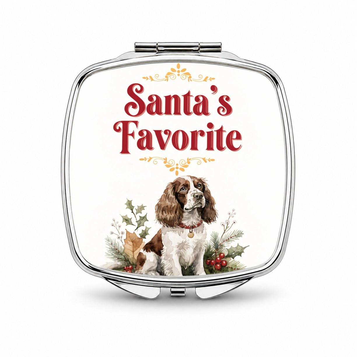 English Springer Spaniel Dog Christmas Santa's Favorite Small Travel Purse Handbag Pocket Makeup Compact Mirror