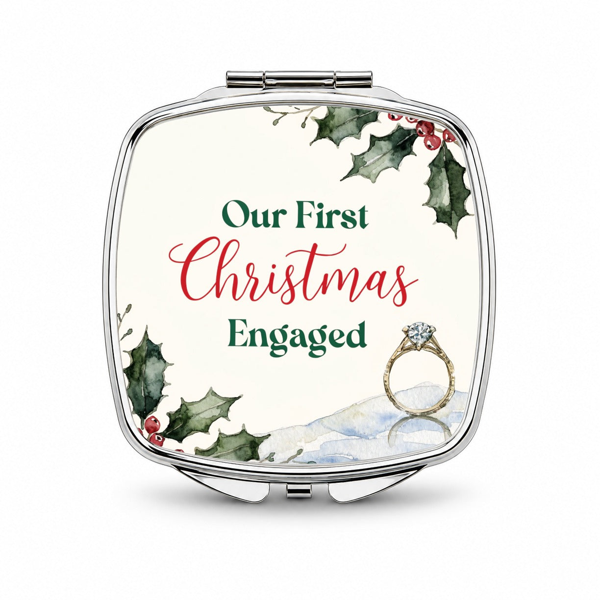First Christmas Engaged Ring Holly Small Travel Purse Handbag Pocket Makeup Compact Mirror