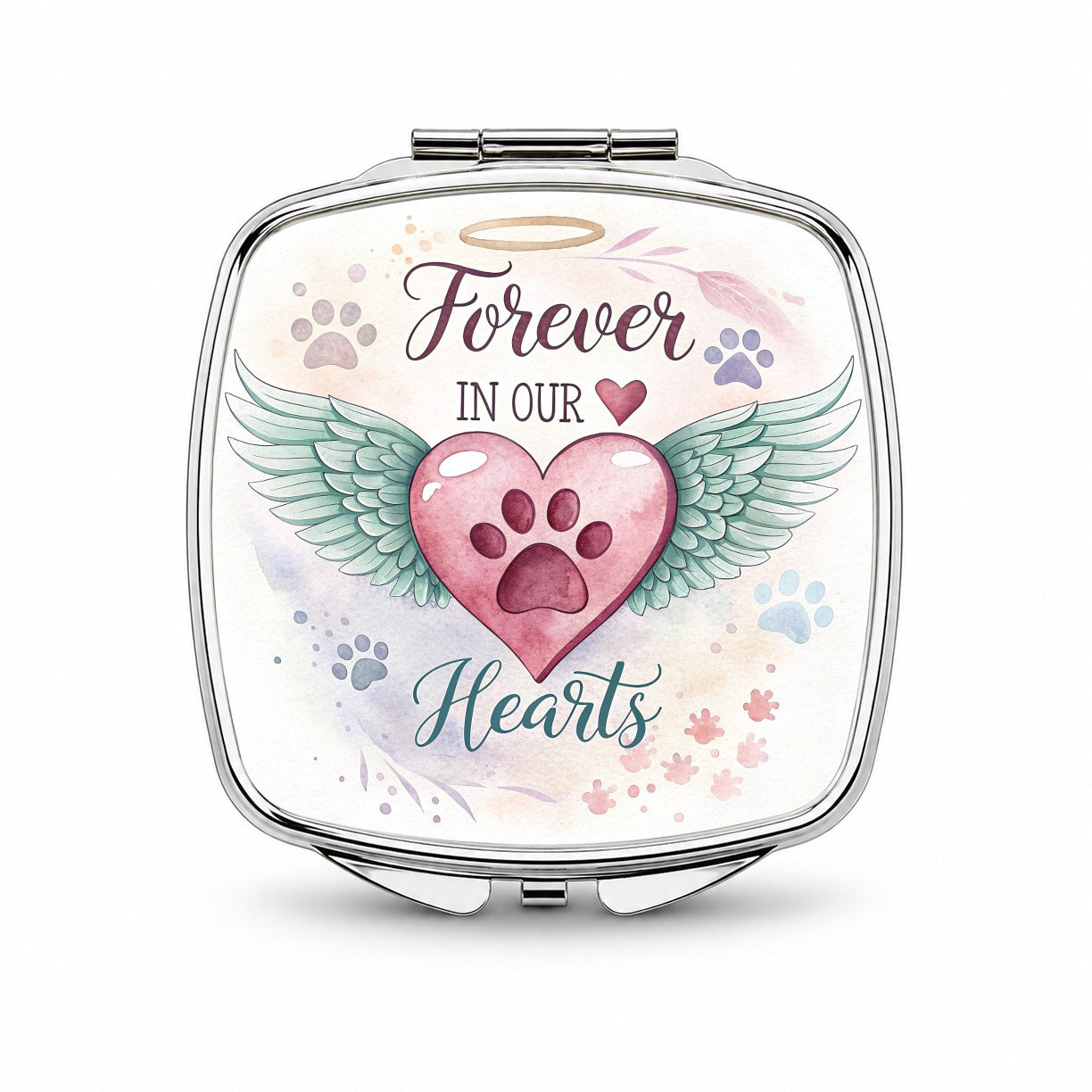 Forever In Our Hearts Paw Prints Dog Cat Small Travel Purse Handbag Pocket Makeup Compact Mirror