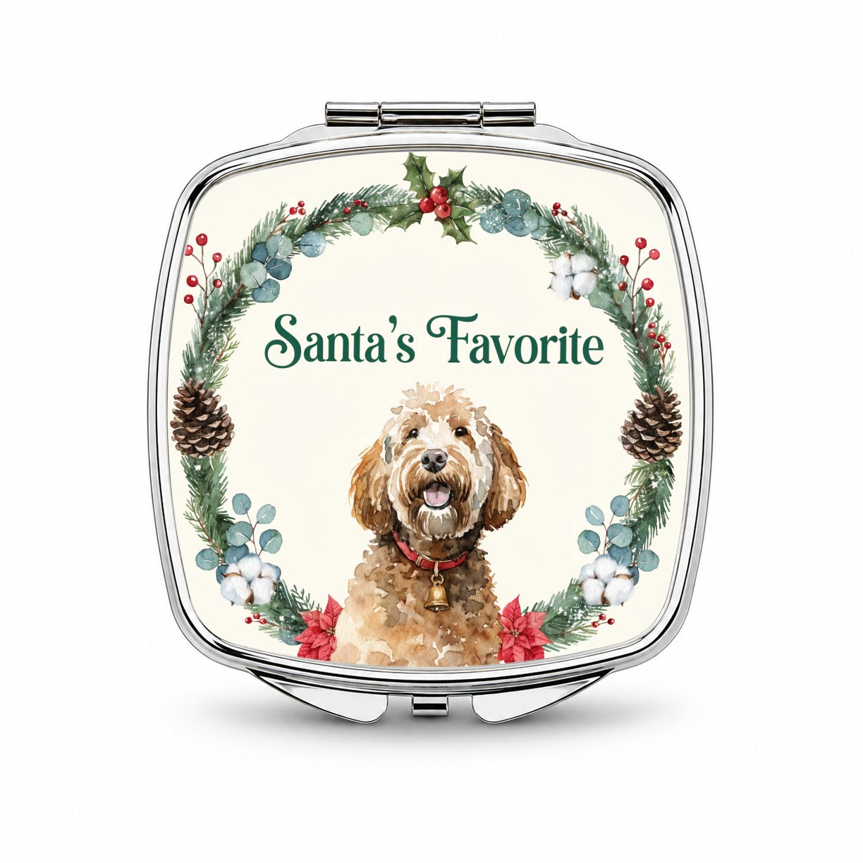Goldendoodle Dog Christmas Santa's Favorite Small Travel Purse Handbag Pocket Makeup Compact Mirror