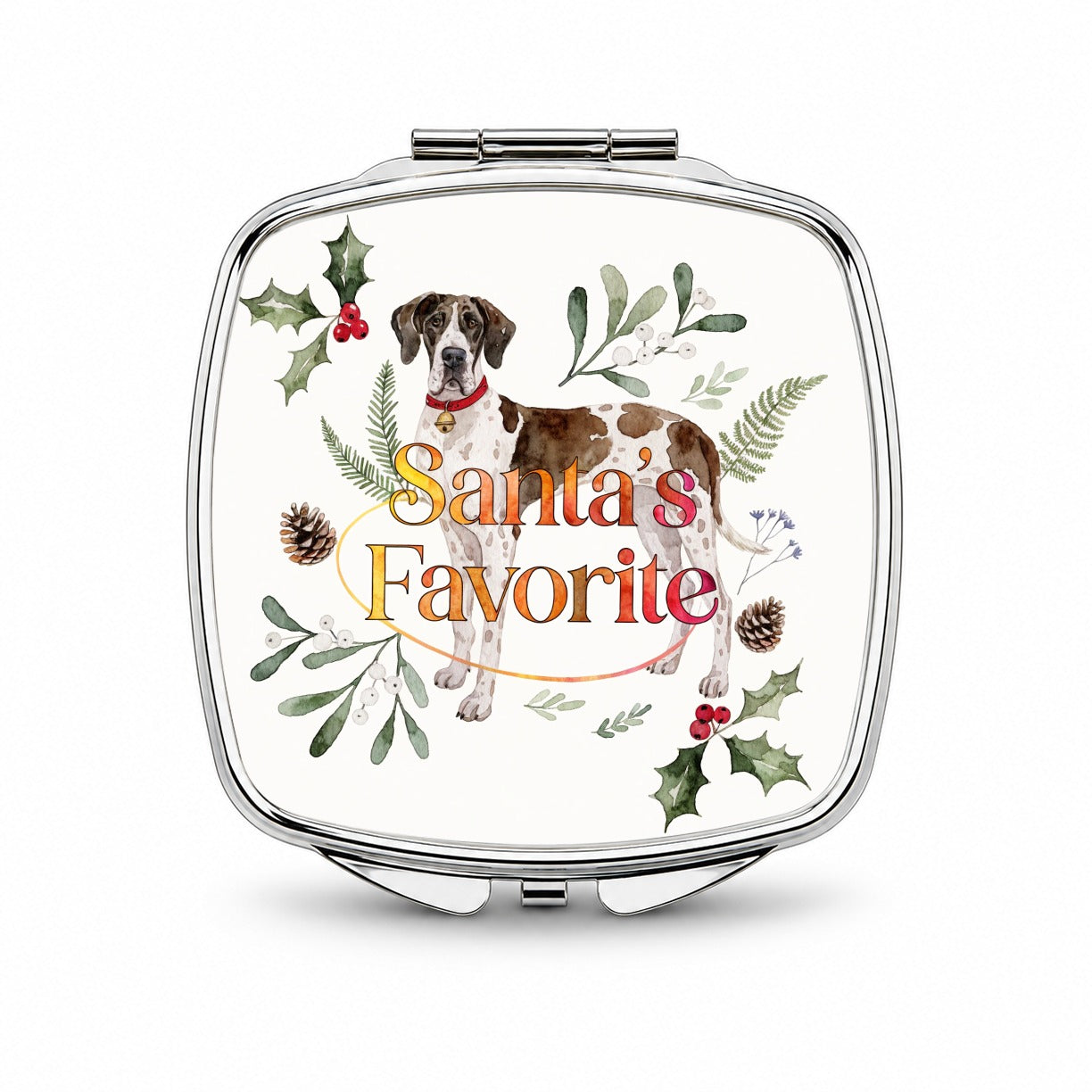 Great Dane Watercolor Dog Christmas Santa's Favorite Small Travel Purse Handbag Pocket Makeup Compact Mirror