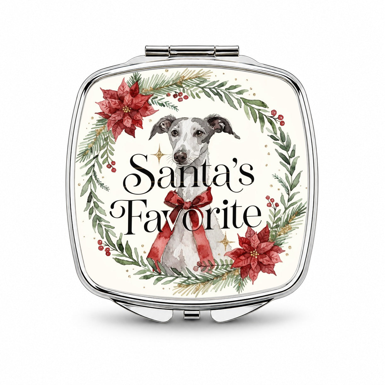 Greyhound Dog Christmas Santa's Favorite Small Travel Purse Handbag Pocket Makeup Compact Mirror