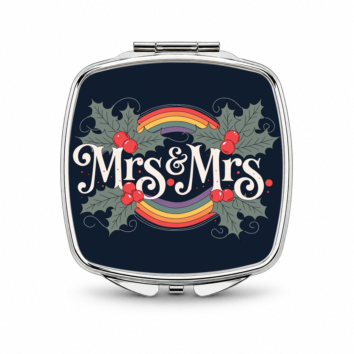 Mrs and Mrs Pride Gay Lesbian LGBTQ Double Rainbow Christmas Small Travel Purse Handbag Pocket Makeup Compact Mirror