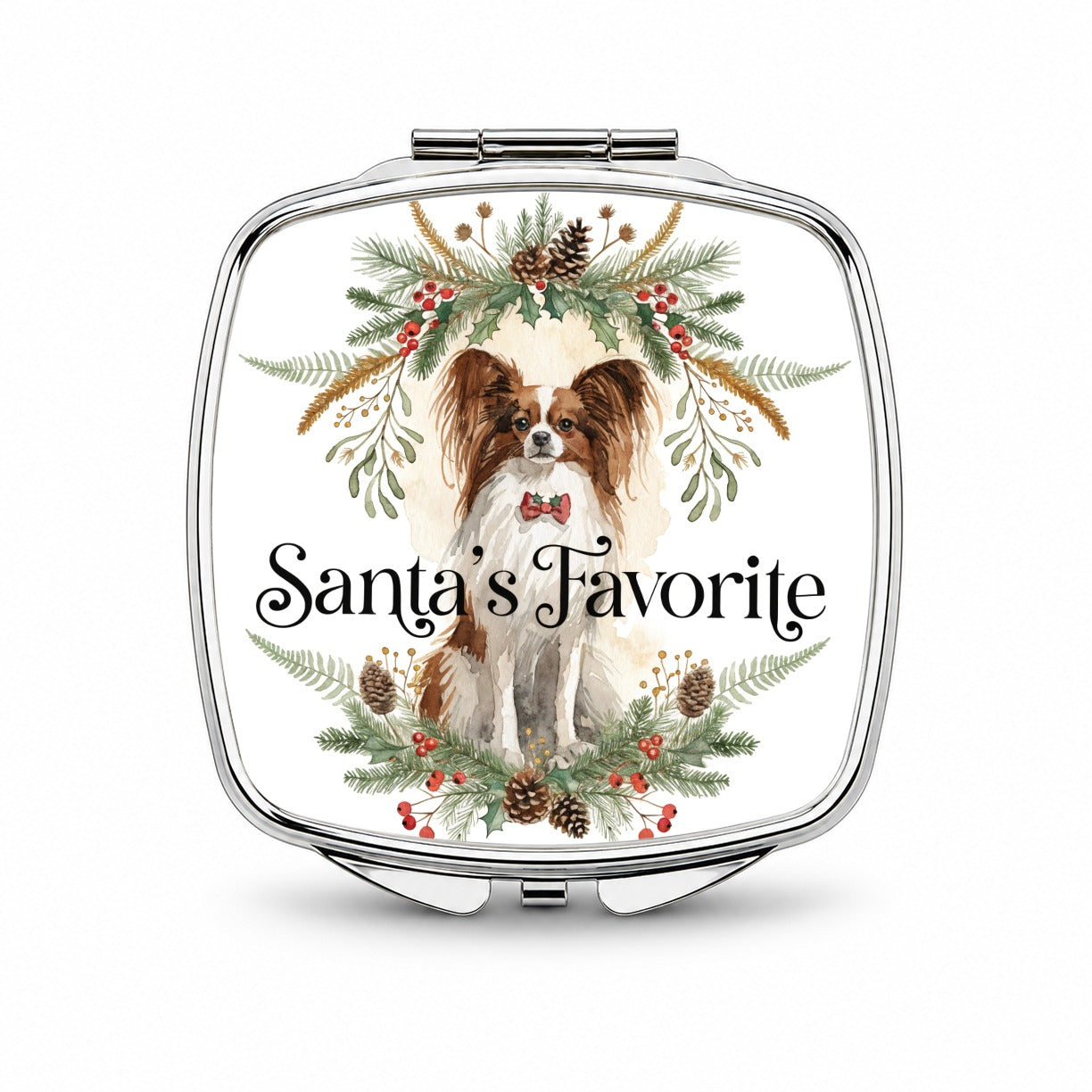 Papillon Dog Christmas Santa's Favorite Small Travel Purse Handbag Pocket Makeup Compact Mirror