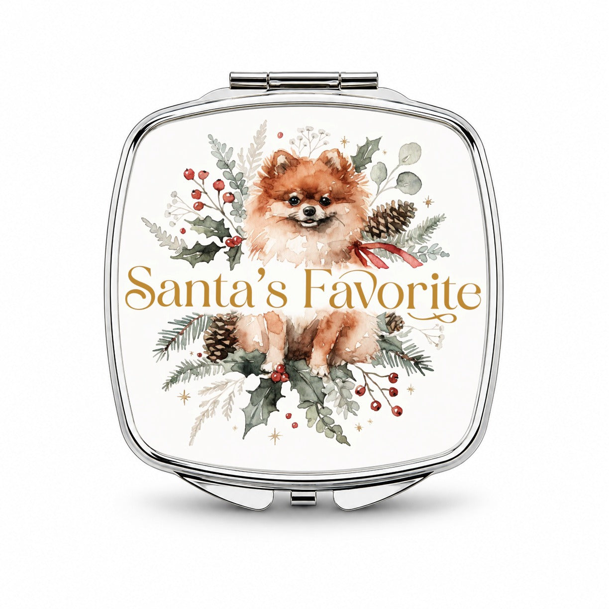 Pomeranian Dog Christmas Santa's Favorite Small Travel Purse Handbag Pocket Makeup Compact Mirror