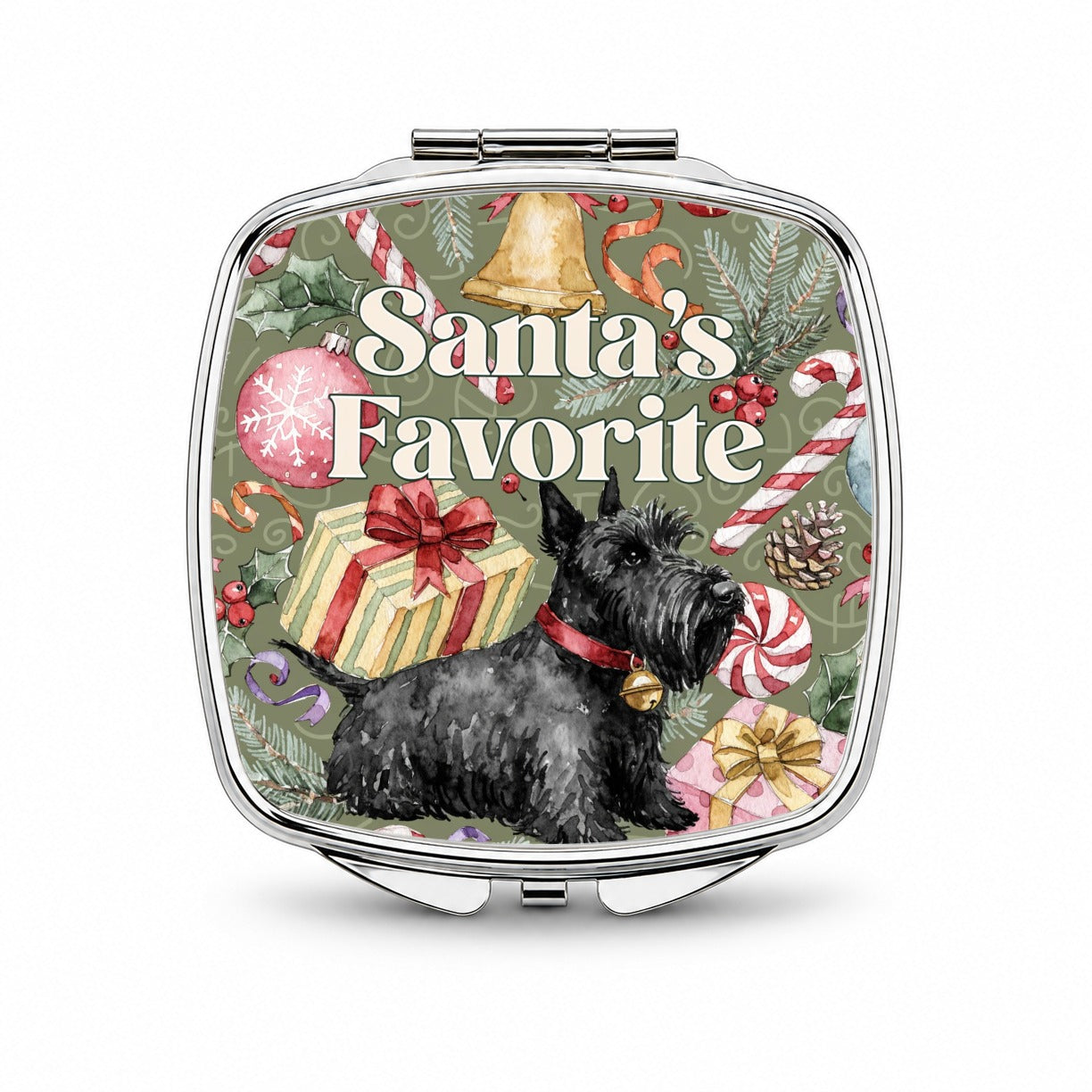 Scottish Terrier Dog Christmas Santa's Favorite Small Travel Purse Handbag Pocket Makeup Compact Mirror