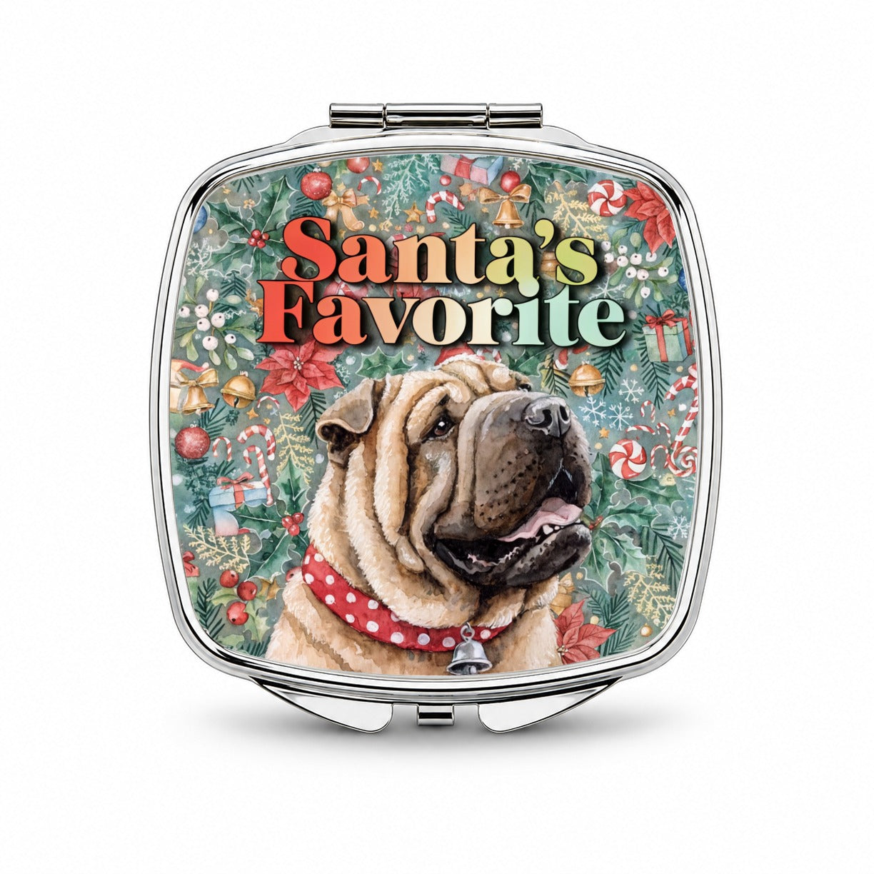 Shar Pei Dog Christmas Santa's Favorite Small Travel Purse Handbag Pocket Makeup Compact Mirror