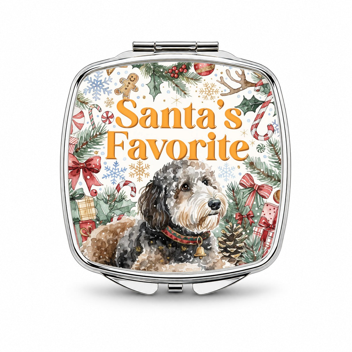 Sheepadoodle Dog Christmas Santa's Favorite Small Travel Purse Handbag Pocket Makeup Compact Mirror