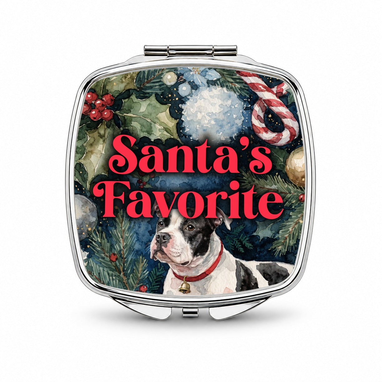 Staffordshire Bull Terrier Dog Christmas Santa's Favorite Small Travel Purse Handbag Pocket Makeup Compact Mirror