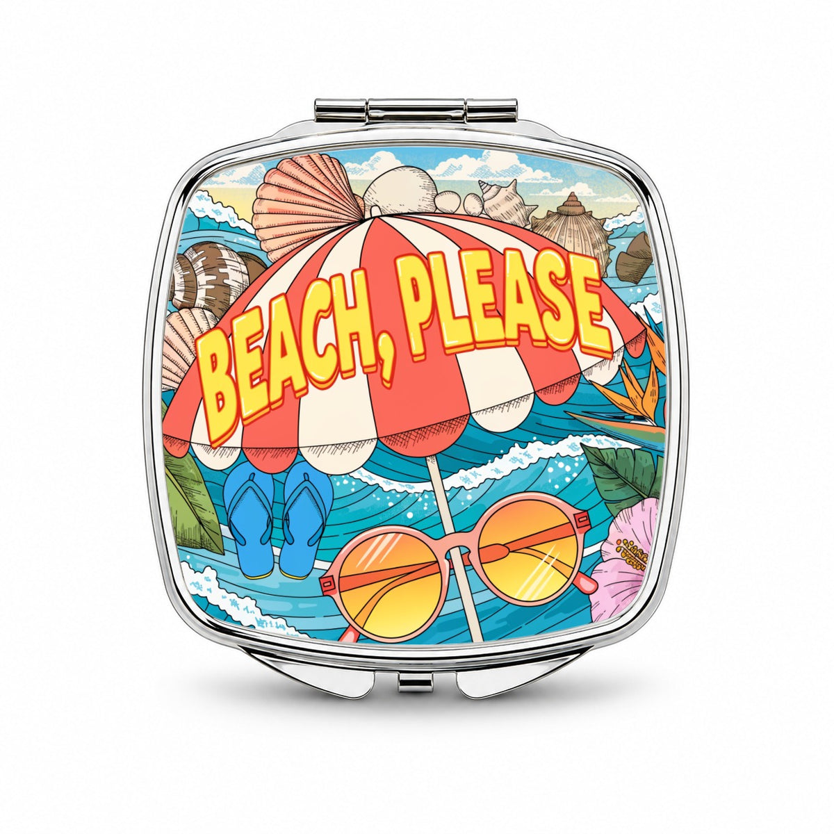Beach Please Umbrella Funny Small Travel Purse Handbag Pocket Makeup Compact Mirror