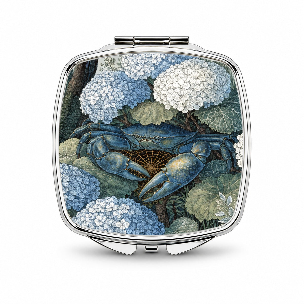 Blue Crab Hydrangea Garden Small Travel Purse Handbag Pocket Makeup Compact Mirror