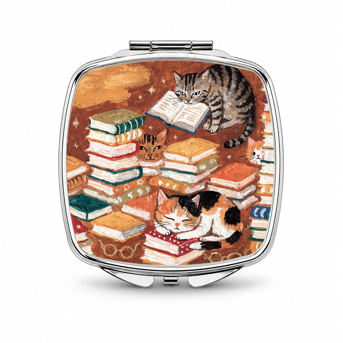 Bookish Cozy Cats Sleeping Reading Small Travel Purse Handbag Pocket Makeup Compact Mirror
