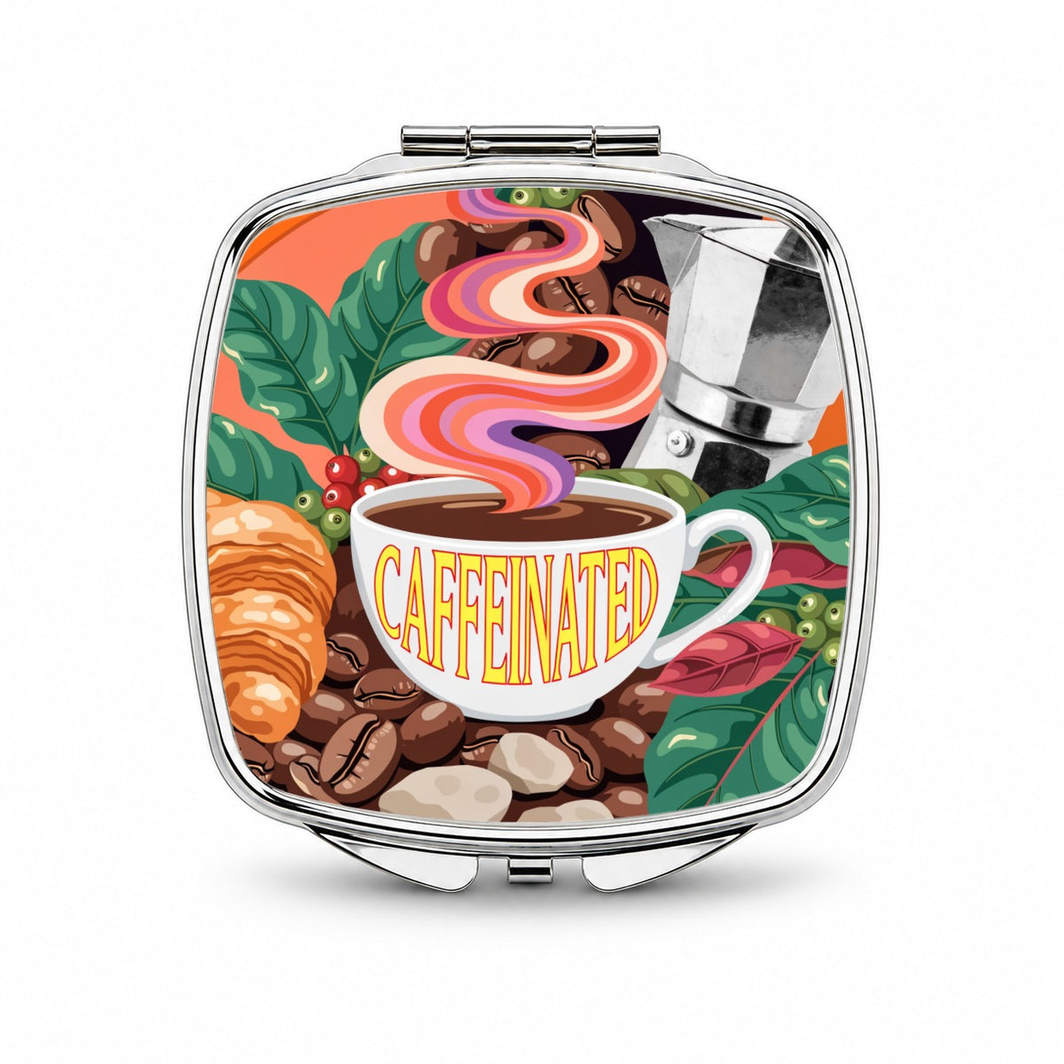 Caffeinated Coffee Cup Lover Fun Small Travel Purse Handbag Pocket Makeup Compact Mirror