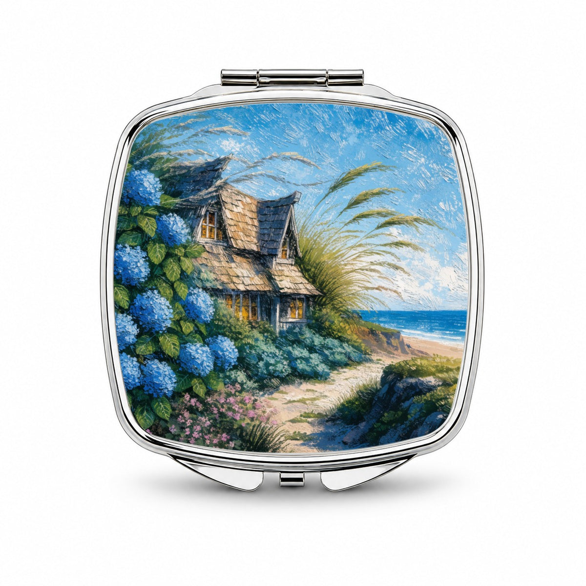 Coastal Cottage Hydrangeas Small Travel Purse Handbag Pocket Makeup Compact Mirror
