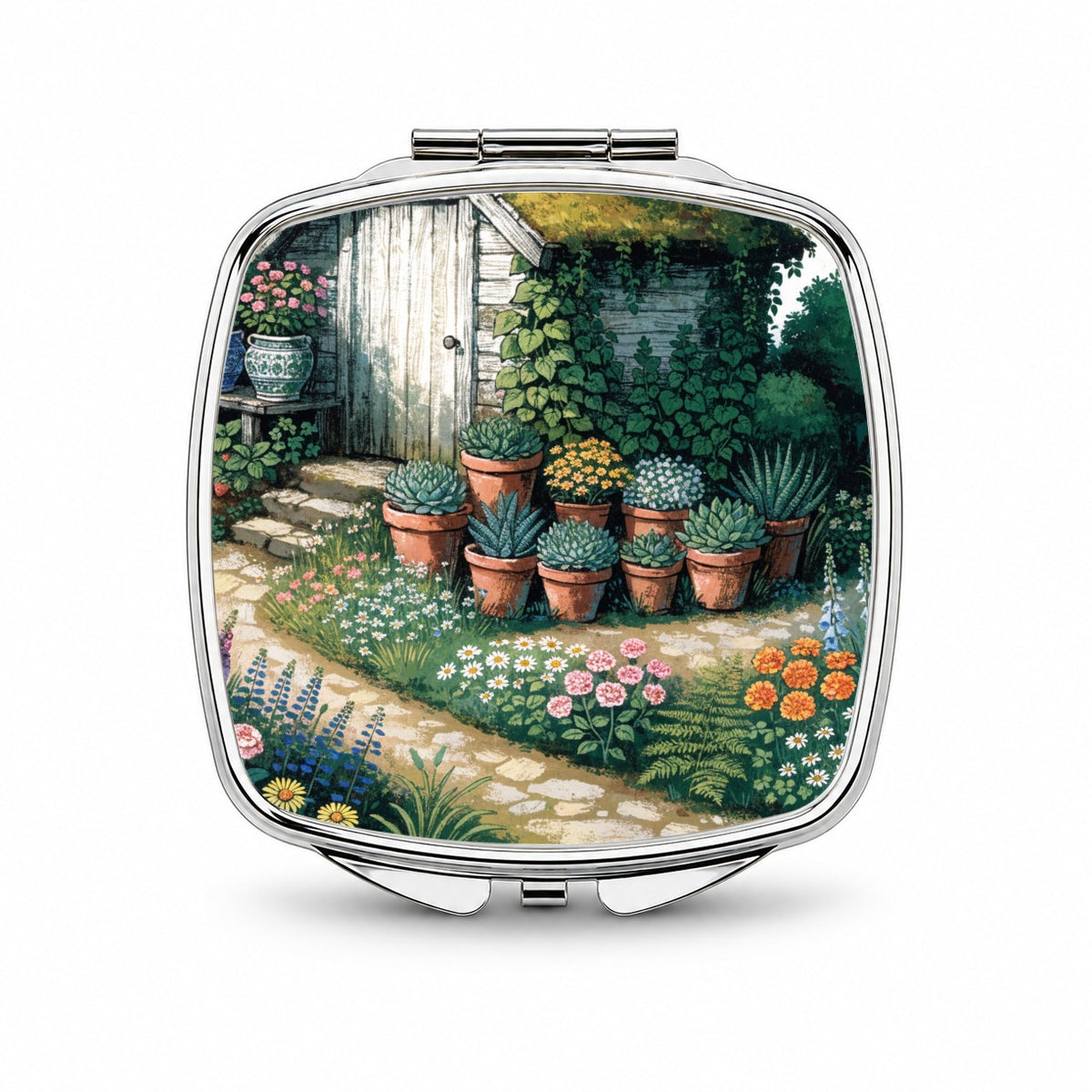 Cottage Garden Shed Small Travel Purse Handbag Pocket Makeup Compact Mirror