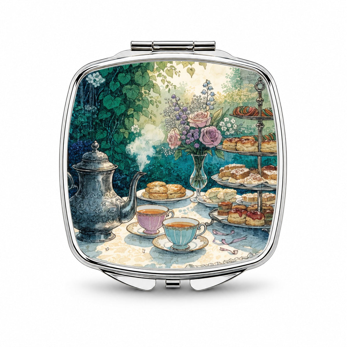 Elegant Afternoon Tea Pot Scones Small Travel Purse Handbag Pocket Makeup Compact Mirror