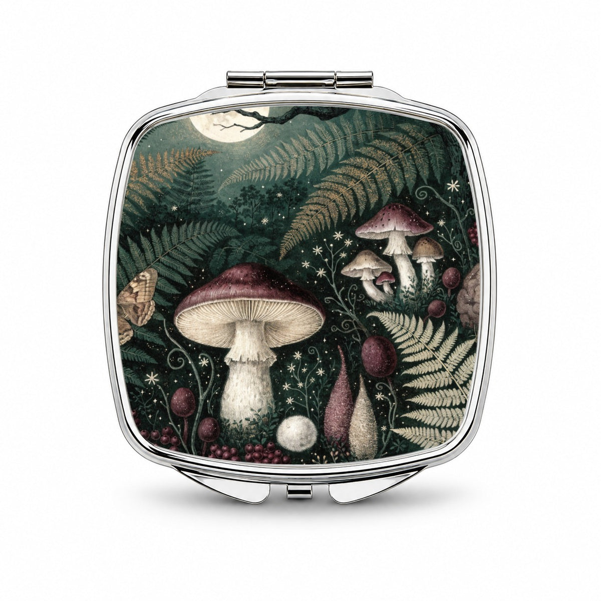 Enchanted Forest Floor Mushrooms Ferns Small Travel Purse Handbag Pocket Makeup Compact Mirror