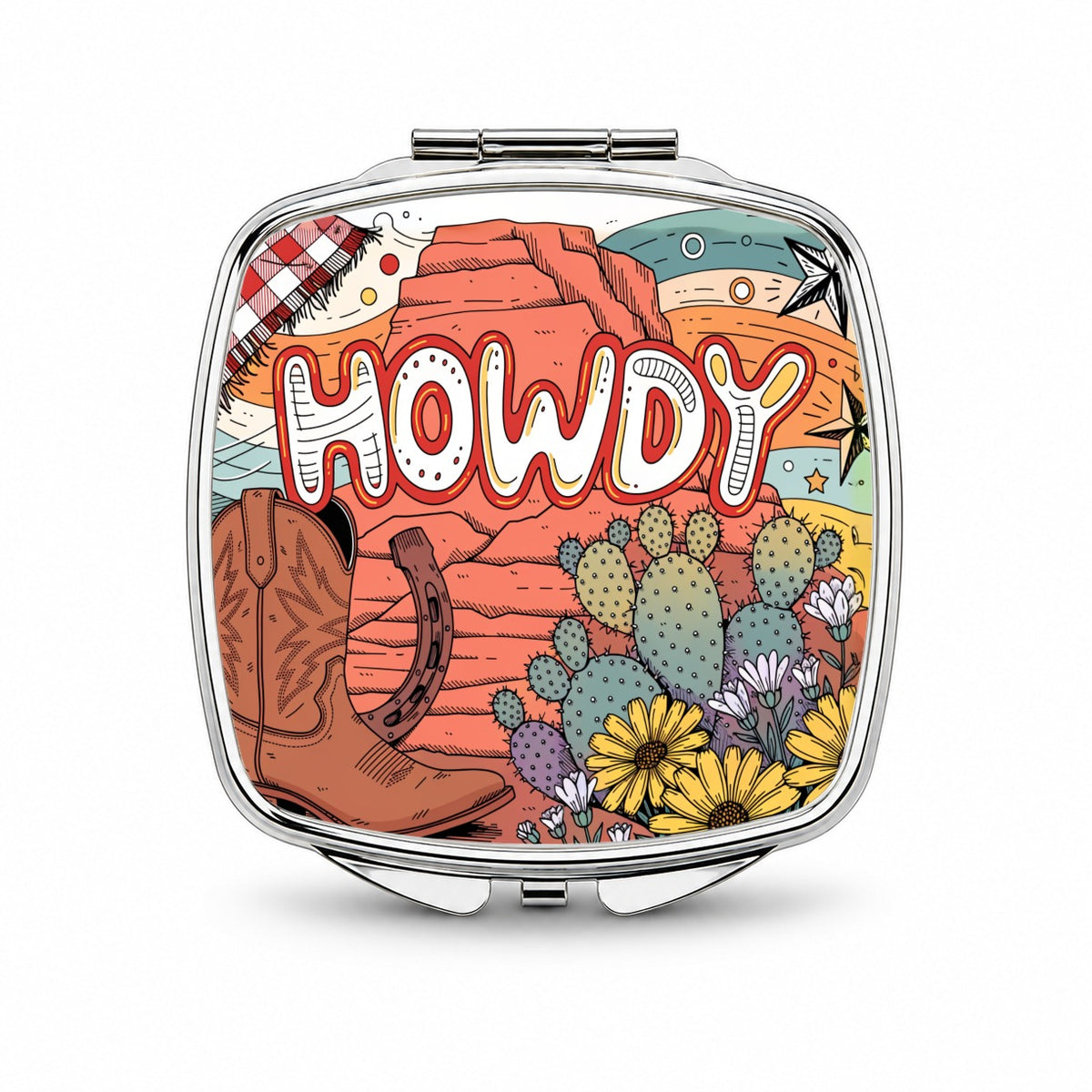 Howdy Country Cowboy Boot Cactus Small Travel Purse Handbag Pocket Makeup Compact Mirror