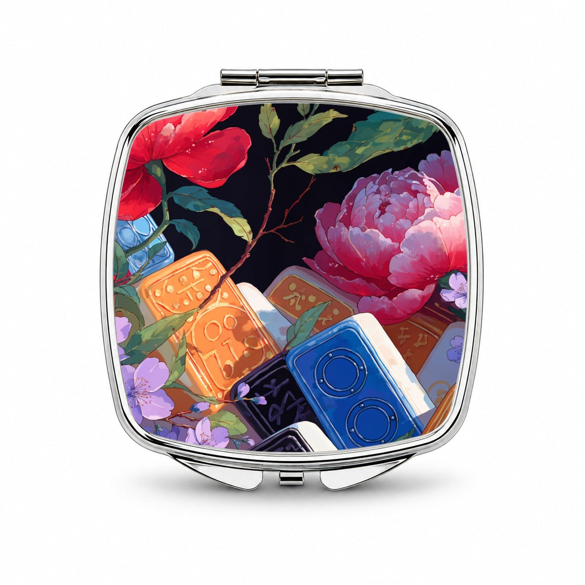 Mahjong Tiles Flowers Small Travel Purse Handbag Pocket Makeup Compact Mirror