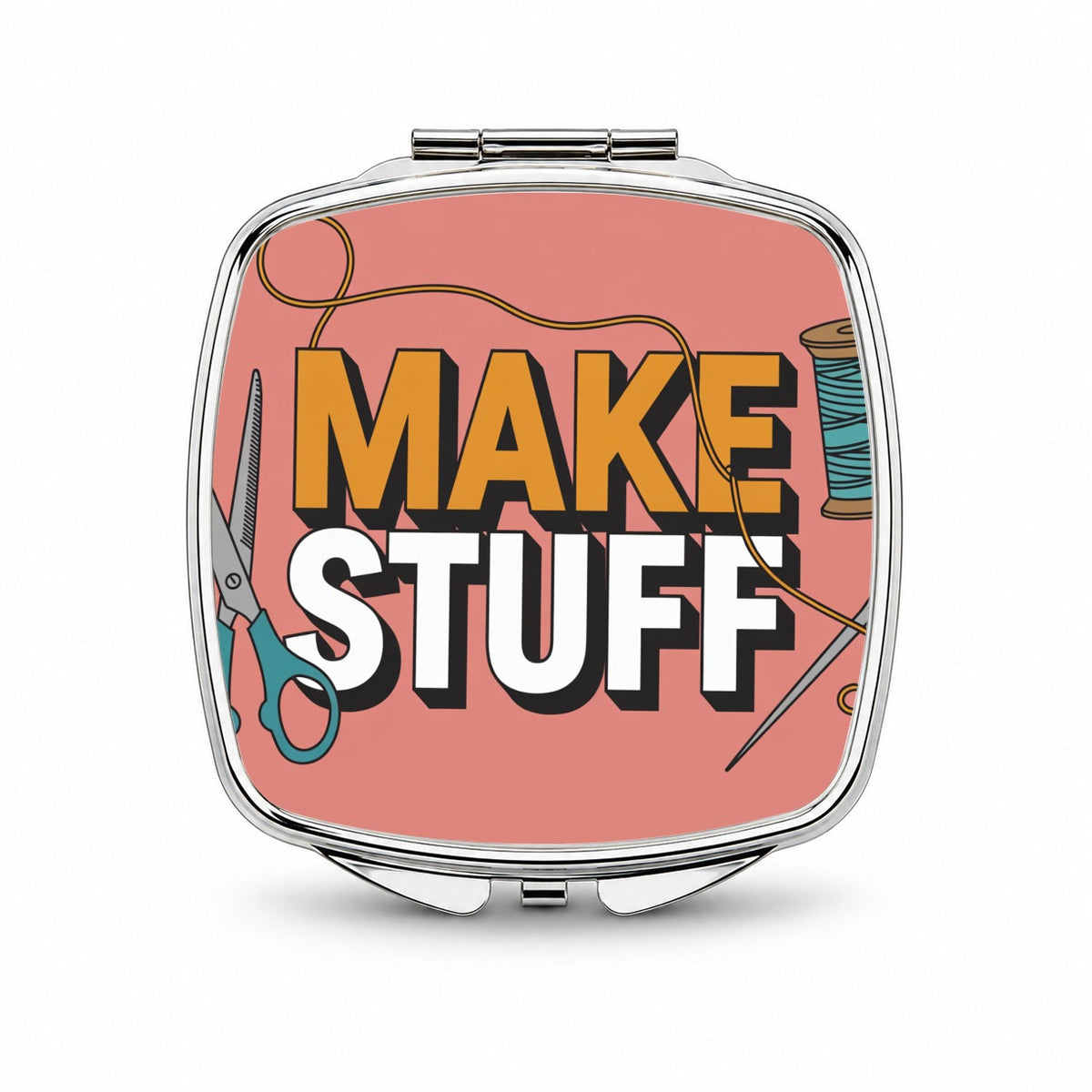 Make Stuff Scissors Thread Sewing Crafter Small Travel Purse Handbag Pocket Makeup Compact Mirror