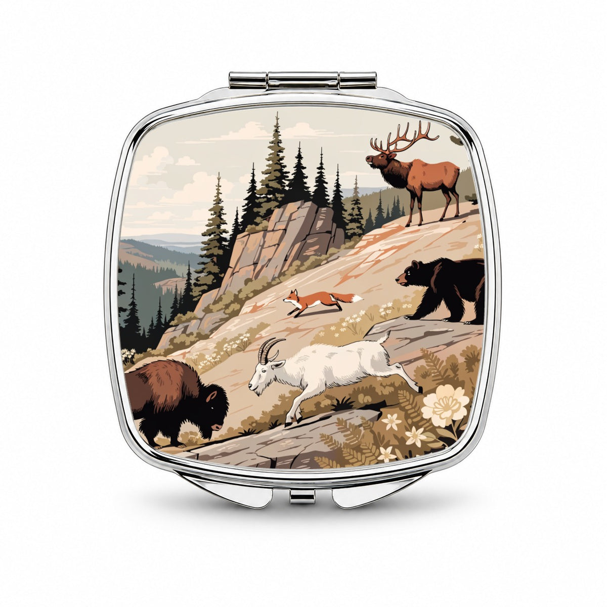 National Park Animals Bear Elk Fox Bison Small Travel Purse Handbag Pocket Makeup Compact Mirror