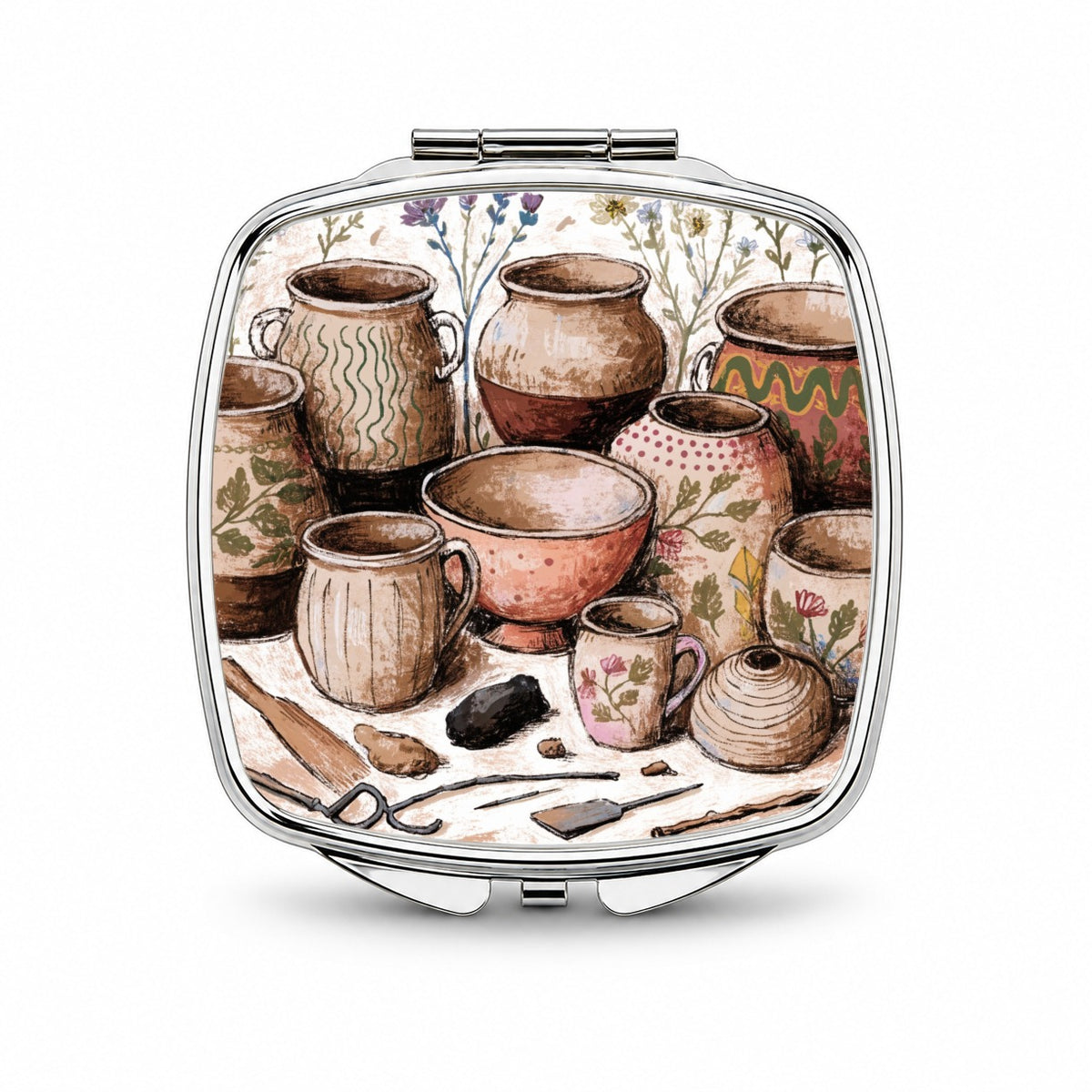 Pottery Ceramics Floral Small Travel Purse Handbag Pocket Makeup Compact Mirror