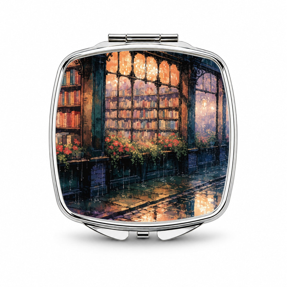 Rainy Bookshop Street Small Travel Purse Handbag Pocket Makeup Compact Mirror