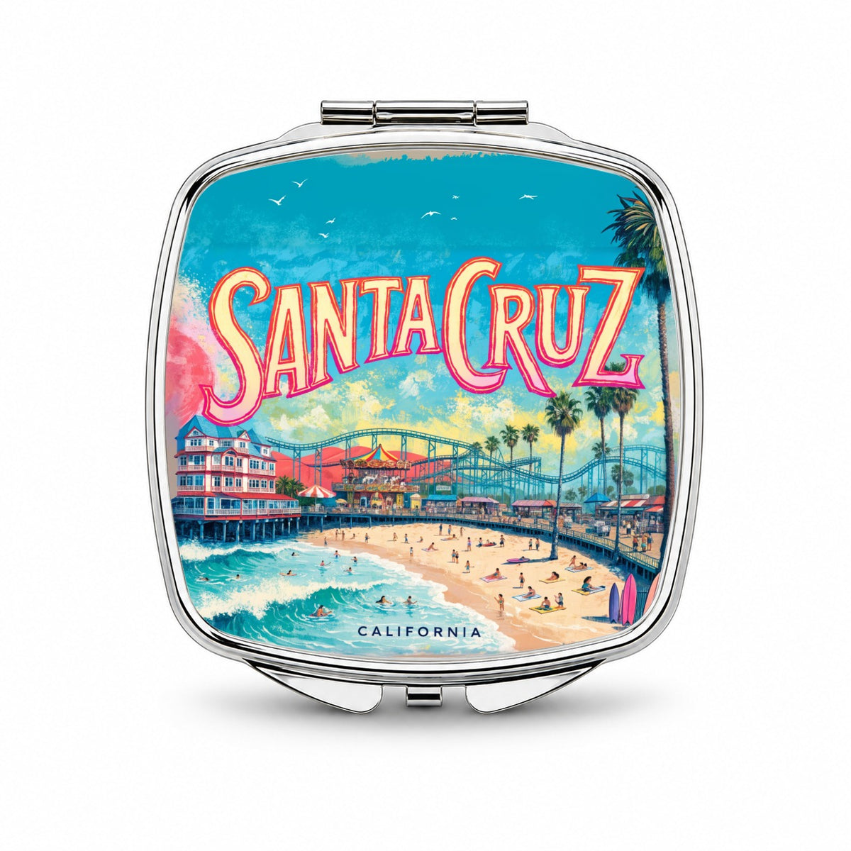 Santa Cruz California Travel Boardwalk Small Travel Purse Handbag Pocket Makeup Compact Mirror