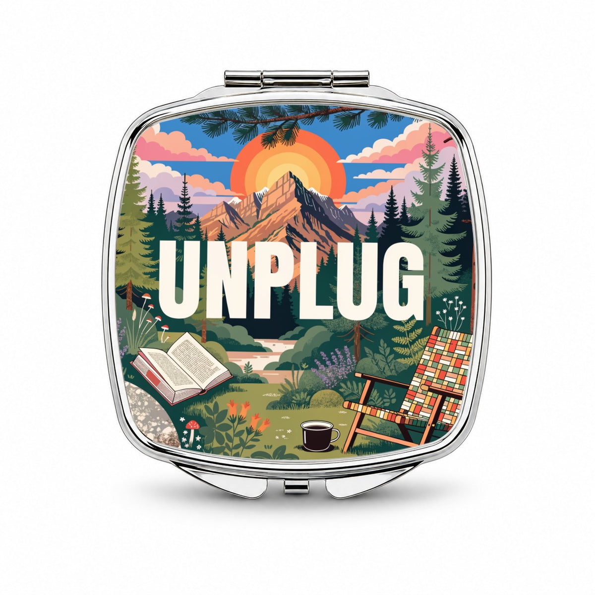 Unplug Cozy Camping Book Small Travel Purse Handbag Pocket Makeup Compact Mirror