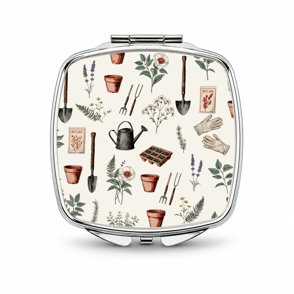 Vintage Garden Tools Seed Packets Small Travel Purse Handbag Pocket Makeup Compact Mirror
