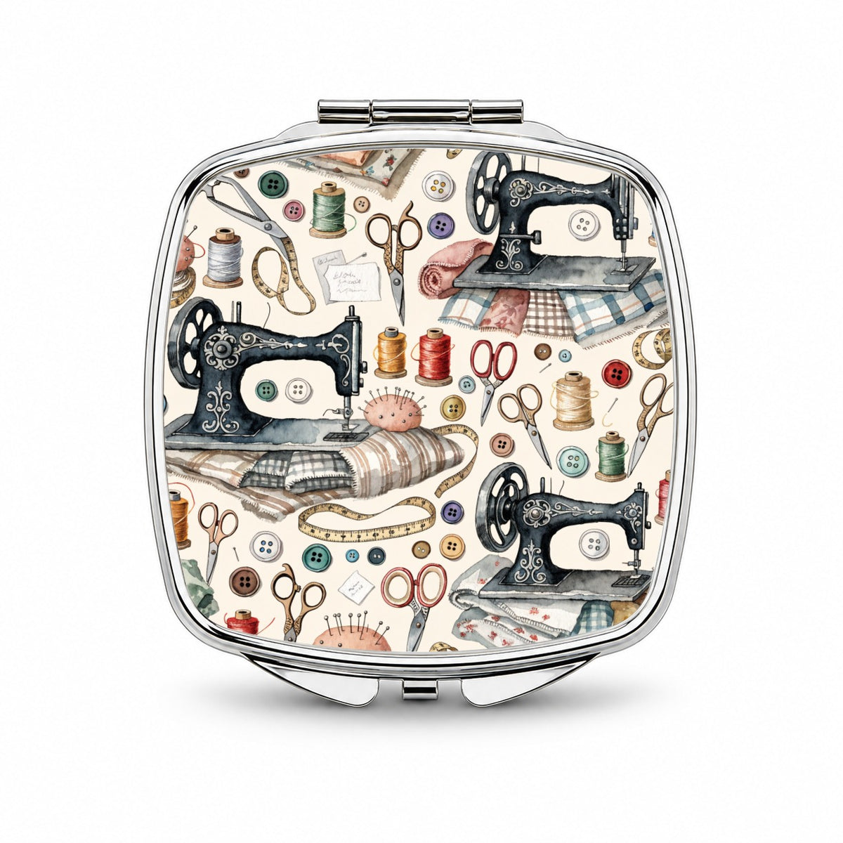Vintage Sewing Machines Notions Small Travel Purse Handbag Pocket Makeup Compact Mirror