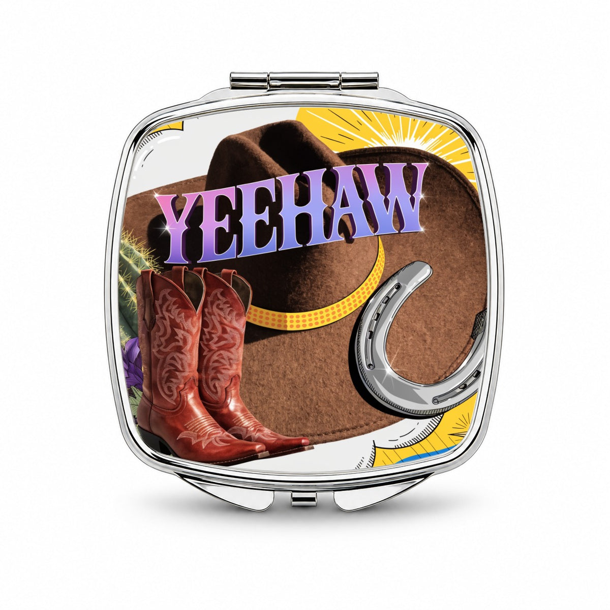 Yeehaw Cowboy Hat Boots Funny Small Travel Purse Handbag Pocket Makeup Compact Mirror