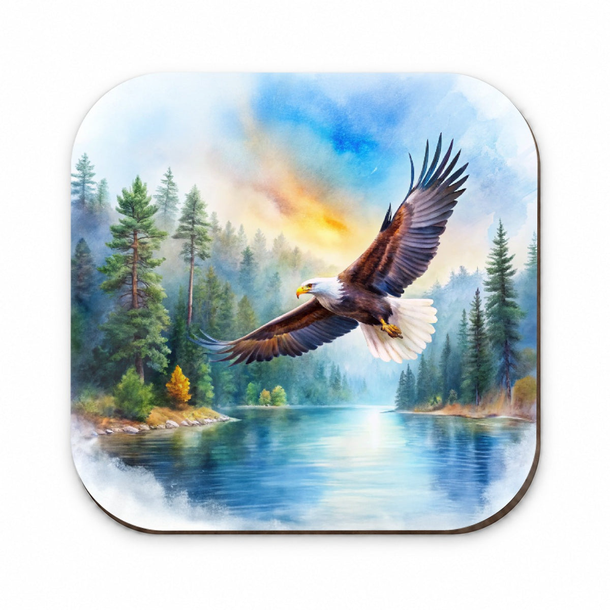 Bald Eagle Flying With Forest Lake Watercolor Fridge Magnet
