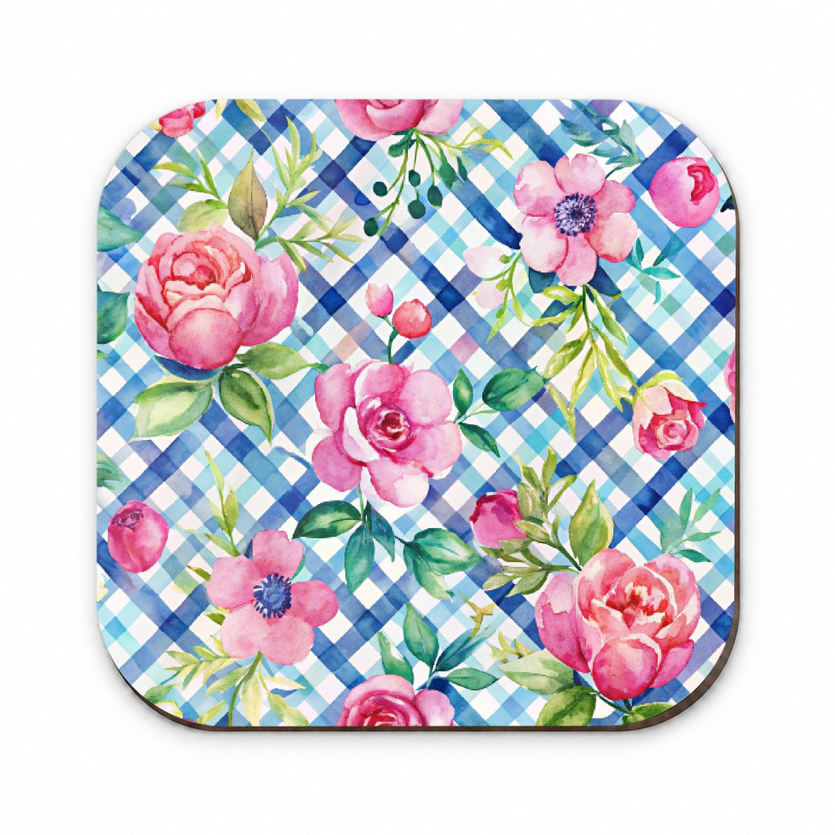 Preppy Pink Flowers Blue Gingham Plaid Fridge Magnet
